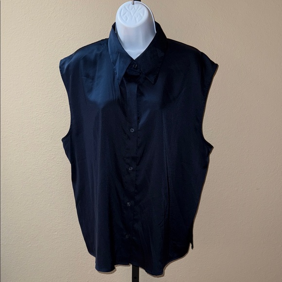 Banana Republic Tops - Banana Republic Dark Blue Satin Sleeveless Button Up Collared Blouse Women’s XL